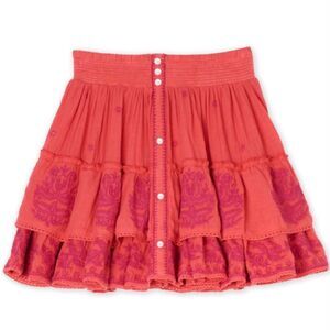 M.A.B.E. NWT Mina Embroidered Mini Tiered Skirt Coral 100% Cotton Boho Chic sz L